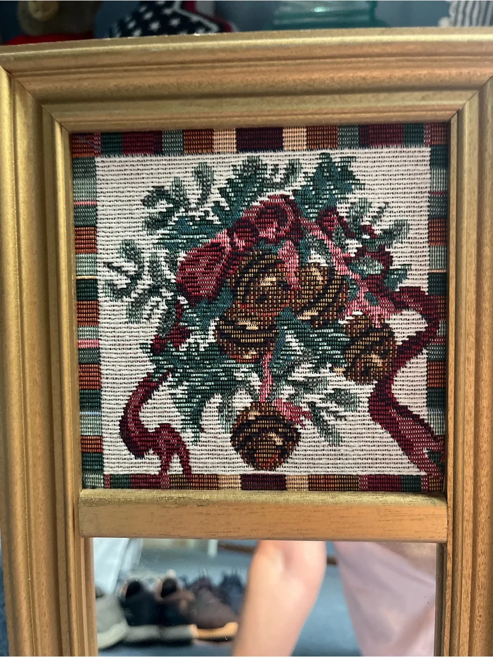 Gold Framed Wall Mirror with Floral Needlepoint Tapestry Accent